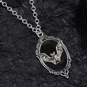 Gothic Bat Adjustable Chain Silver Plated Pendant with Black Vampire Bat, NWT!